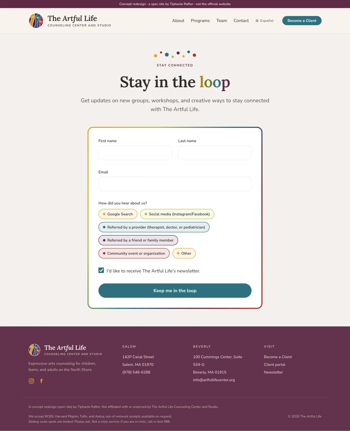 The redesigned newsletter signup, with six color-coded chips in place of the checkbox list
