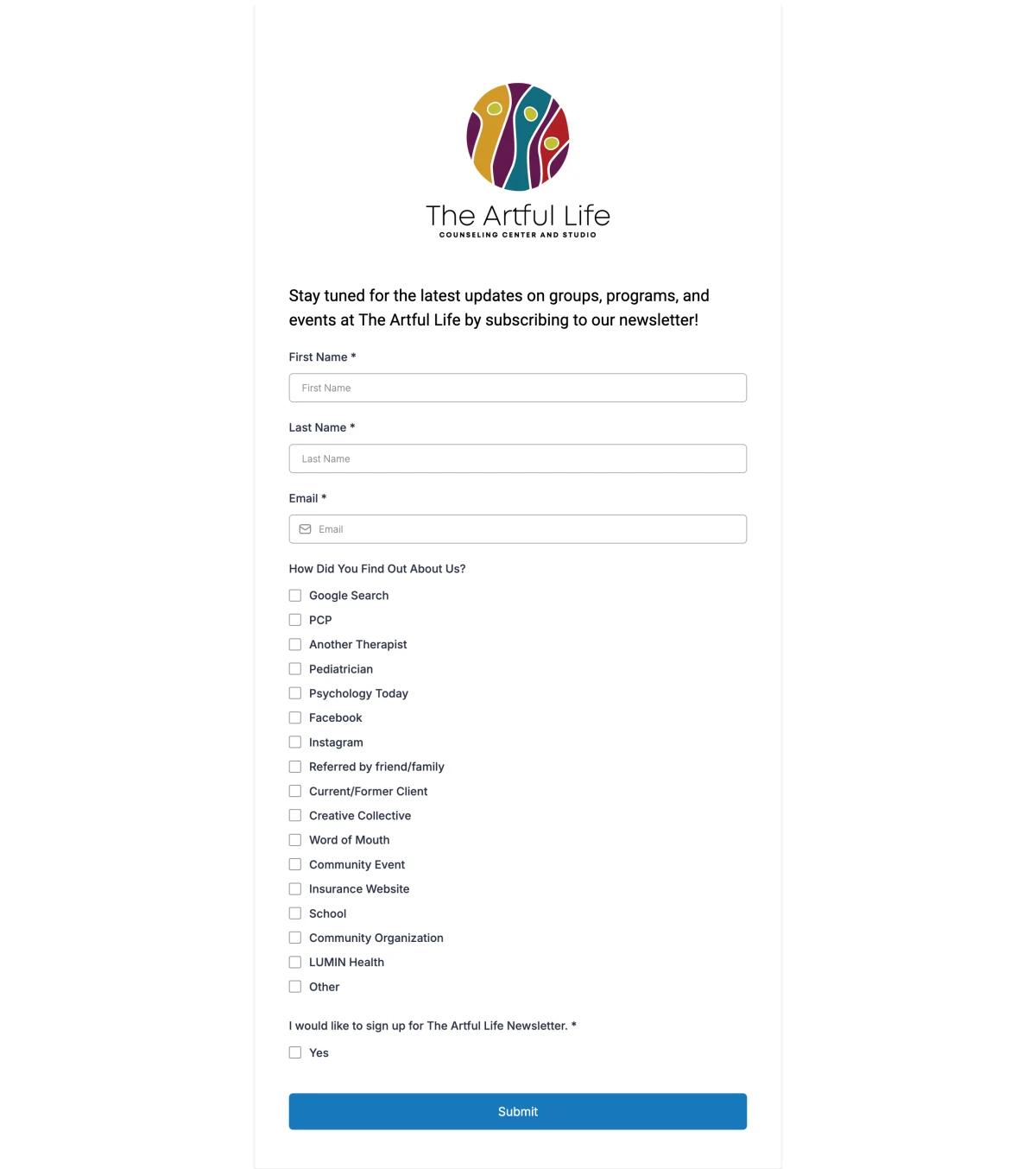 The current Artful Life newsletter signup, a tall form with seventeen checkboxes under 'How Did You Find Out About Us?'
