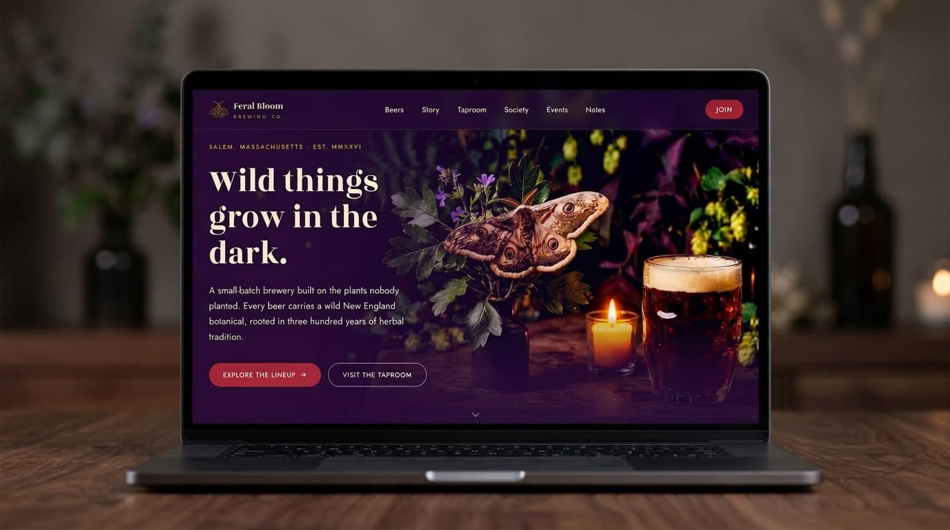 The Feral Bloom brewery homepage, designed and built by Tiphanie Rafter, shown on a laptop