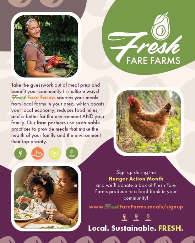 The Fresh Fare Farms full-page magazine ad: the offer, the Hunger Action Month donation, the signup URL, and the Local. Sustainable. FRESH. tagline