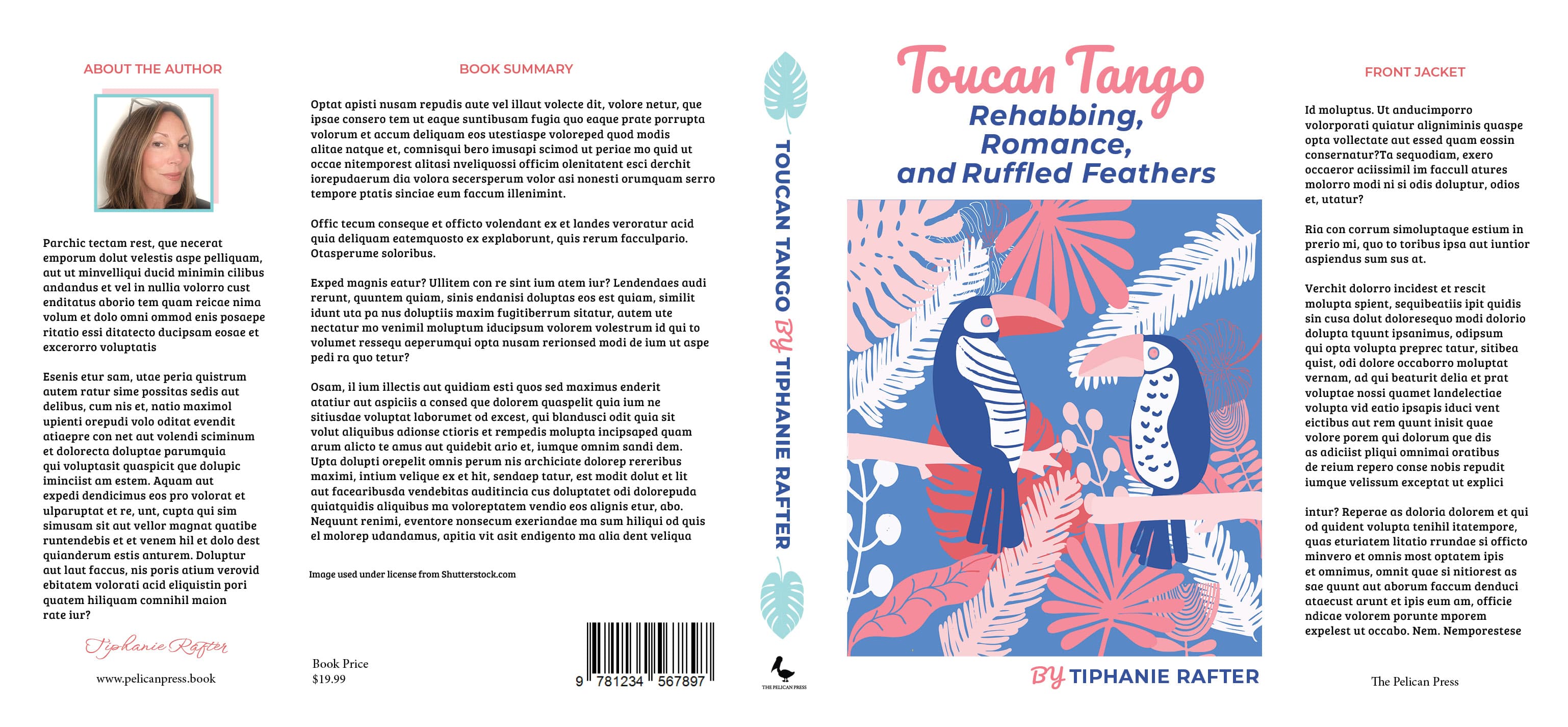 The complete Toucan Tango jacket laid out flat, showing both flaps, the back cover, the spine, and the front cover