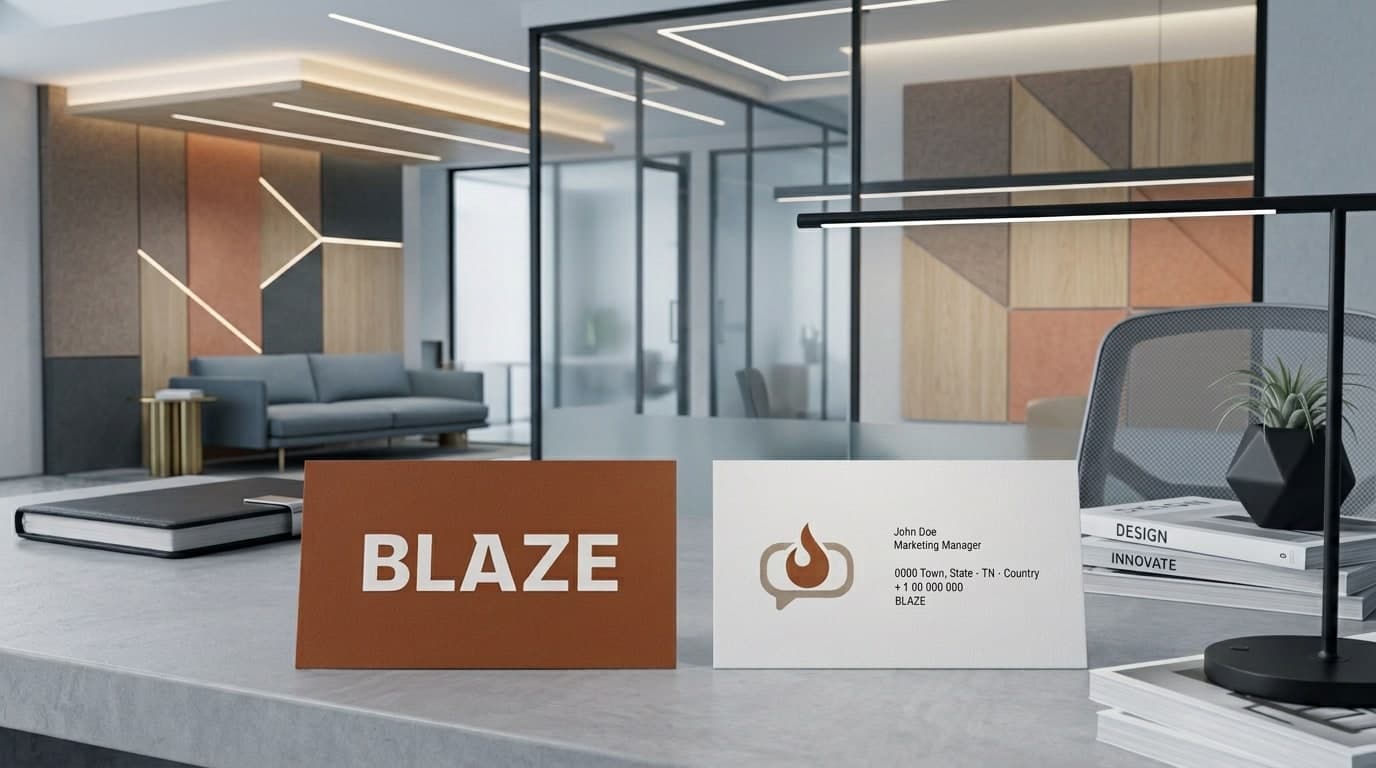 BLAZE business cards standing on a modern office reception desk, showing the wordmark and the flame logo