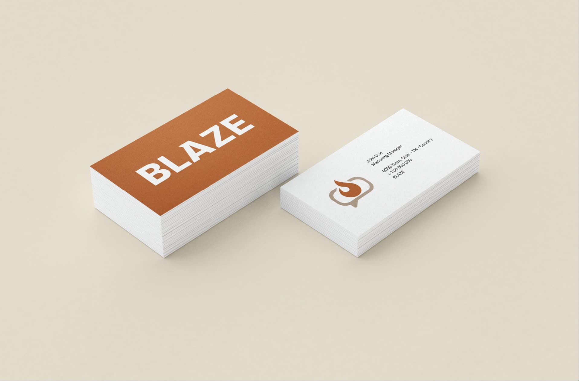 BLAZE business cards — the wordmark on a rust card, the logomark on a white card.