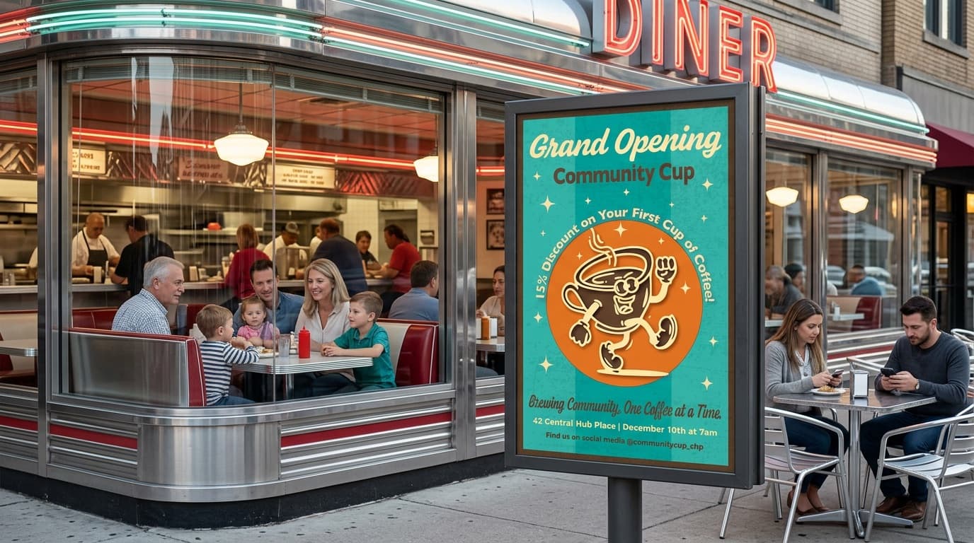 The Community Cup grand opening poster on an A-frame stand outside a chrome 1950s diner