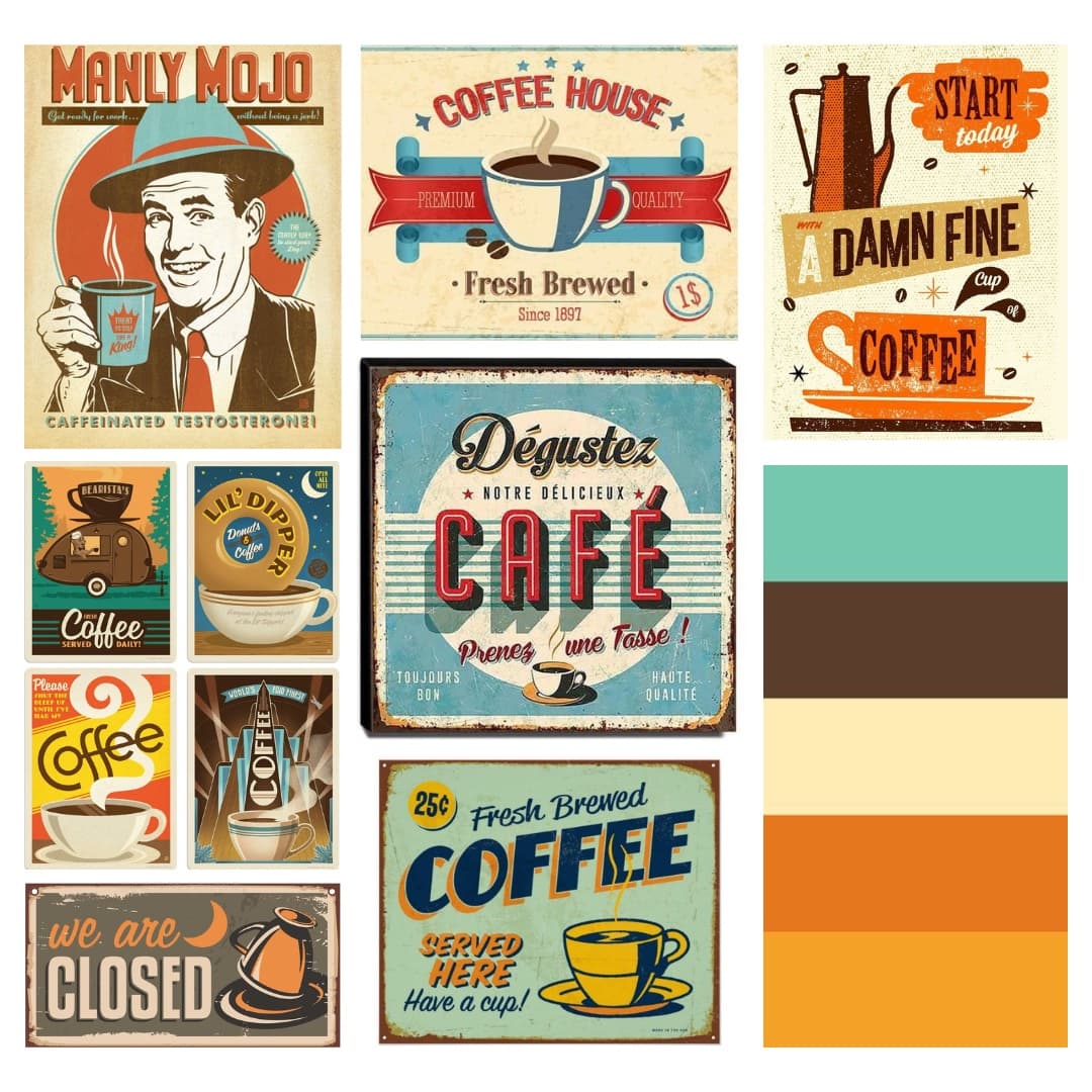 The Community Cup mood board: a grid of vintage coffee advertising and mid-century diner signage beside a strip of the four chosen palette colors