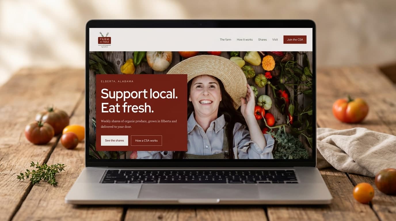 The rebuilt Farm to Table CSA homepage, a farmer in a straw hat surrounded by fresh produce