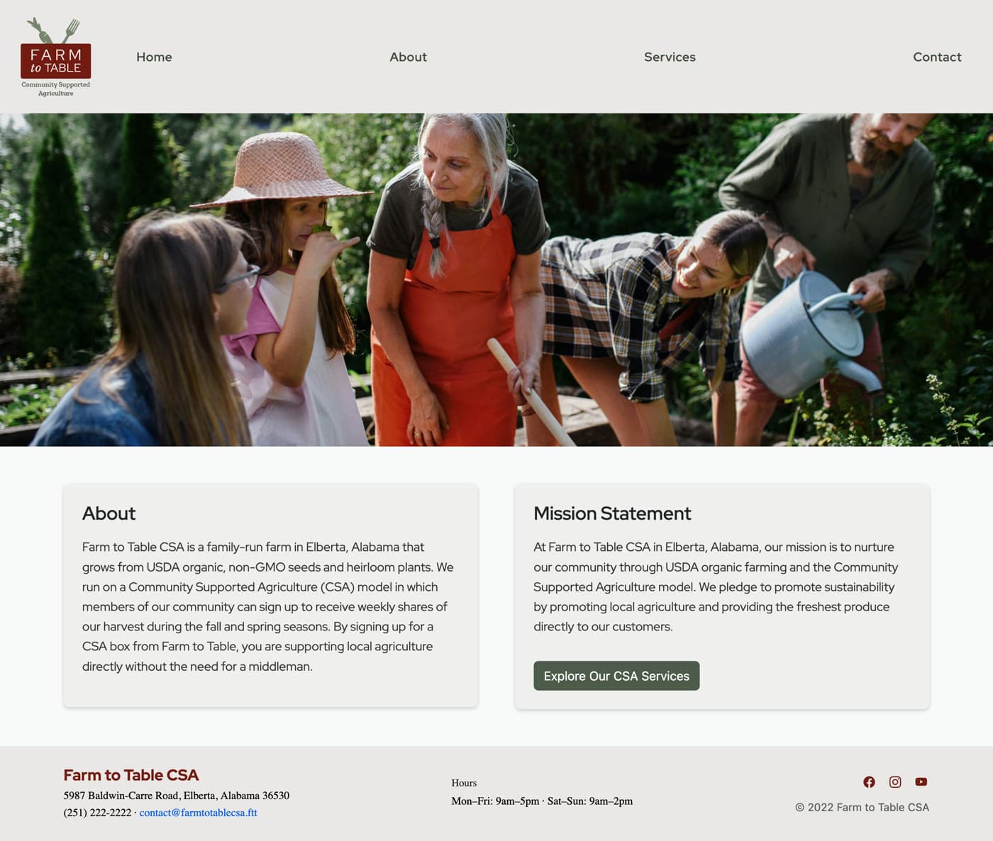 The original Farm to Table CSA about page: an About section and Mission Statement over a photo of a family gardening together