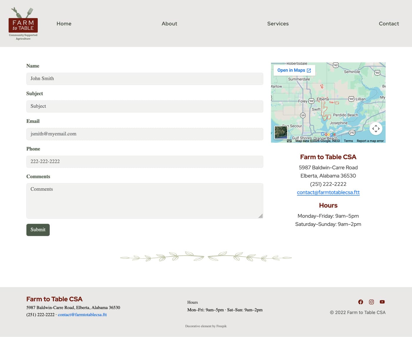 The original Farm to Table CSA contact page: a contact form beside the farm's address and hours