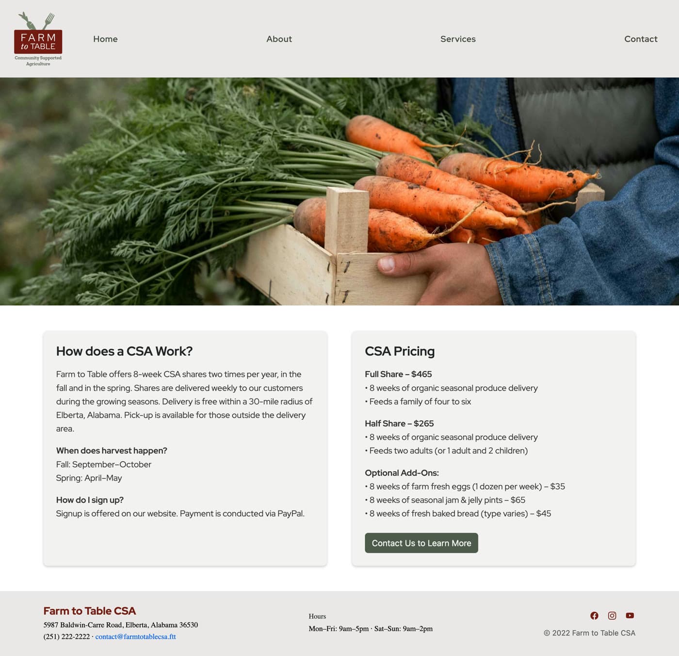 The original Farm to Table CSA services page: 'How does a CSA Work?' beside CSA Pricing, where the Full and Half share prices are finally shown