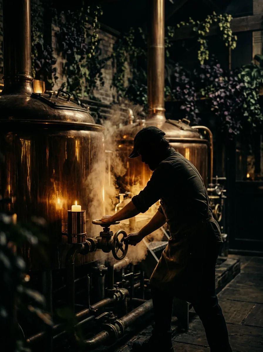 A brewer working the copper kettles by candlelight