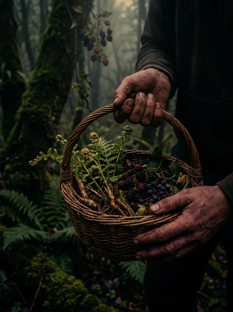 A forager's hands holding a basket of wild botanicals in a misty forest