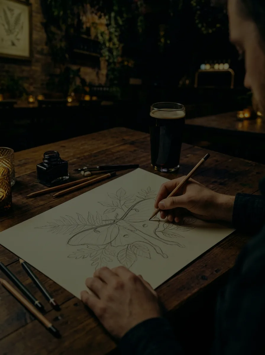 An illustrator drawing the botanical moth motif by hand at a candlelit table