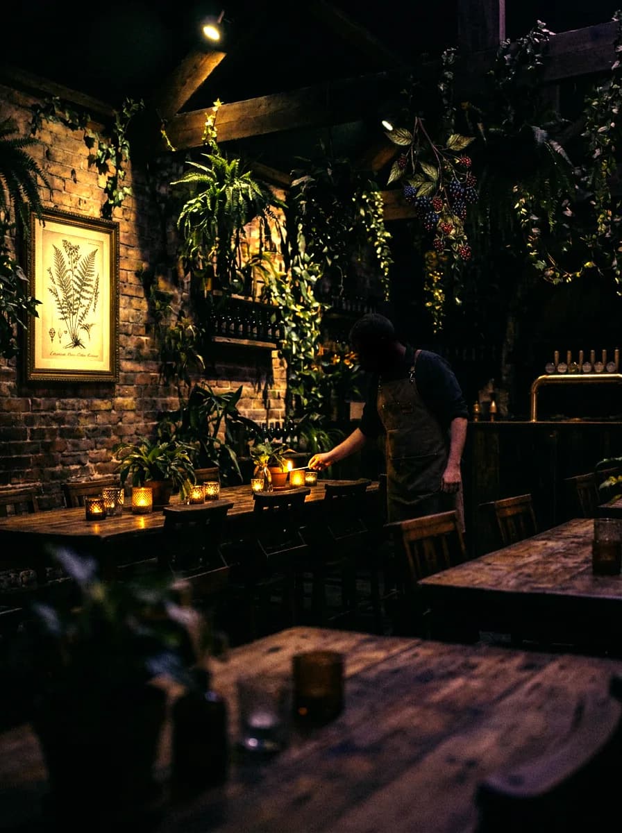 The candlelit, plant-filled taproom at dusk