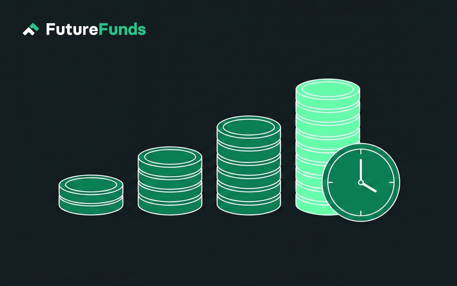 FutureFunds, a UX redesign and build by Tiphanie Rafter — the FutureFunds wordmark over four growing stacks of green coins beside a clock