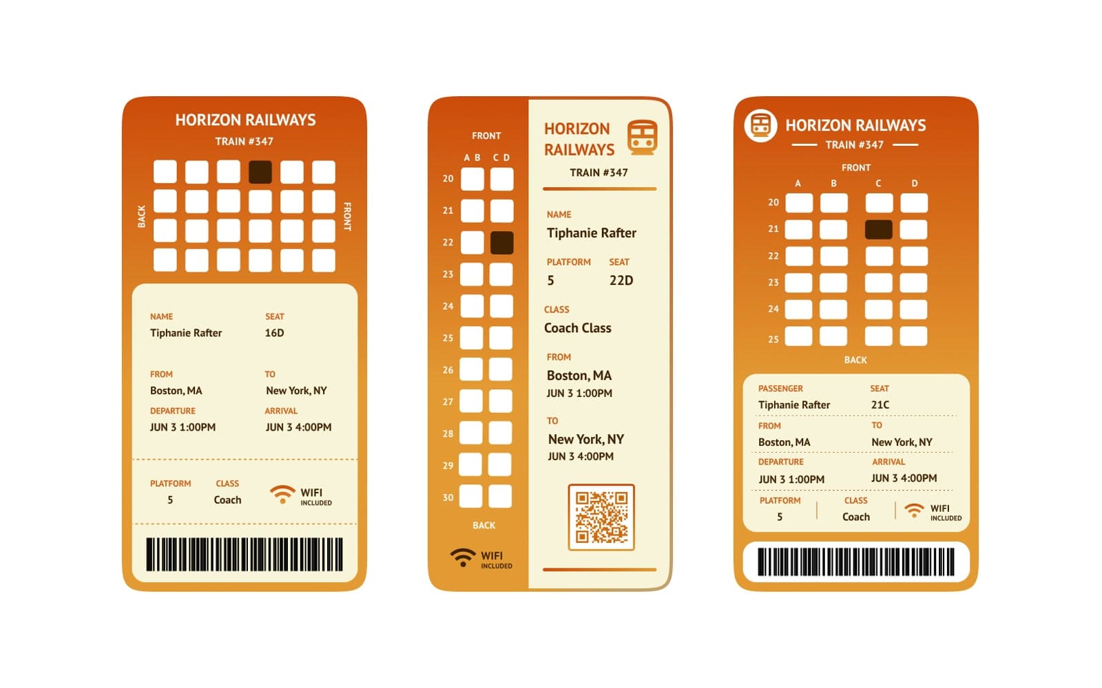 The three Horizon Railways digital ticket designs in a row, each a seat map on a burnt-orange gradient, by Tiphanie Rafter