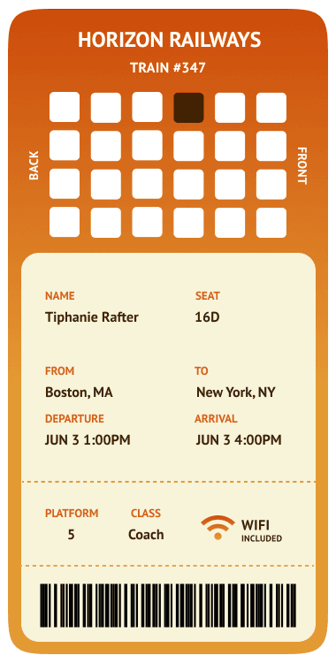 Ticket design one, the horizontal grid: a compact seat grid at the top with the carriage running left to right, front and back marked on the sides, and the details in a cream panel beneath
