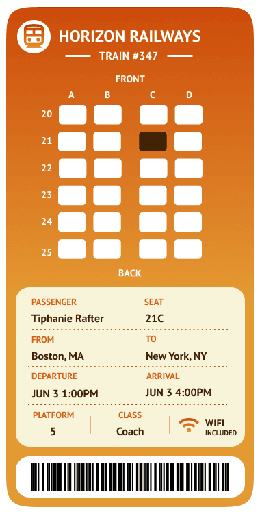Ticket design three, the labeled grid: rows and columns marked, front and back called out above and below, and the details in a cream panel beneath