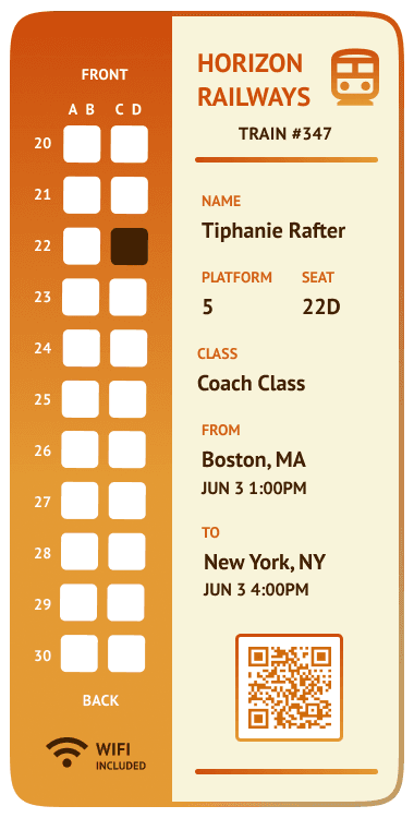 Ticket design two, the split layout: a full carriage map running the height of the card on the left with every row numbered 20 through 30, and the details on the right