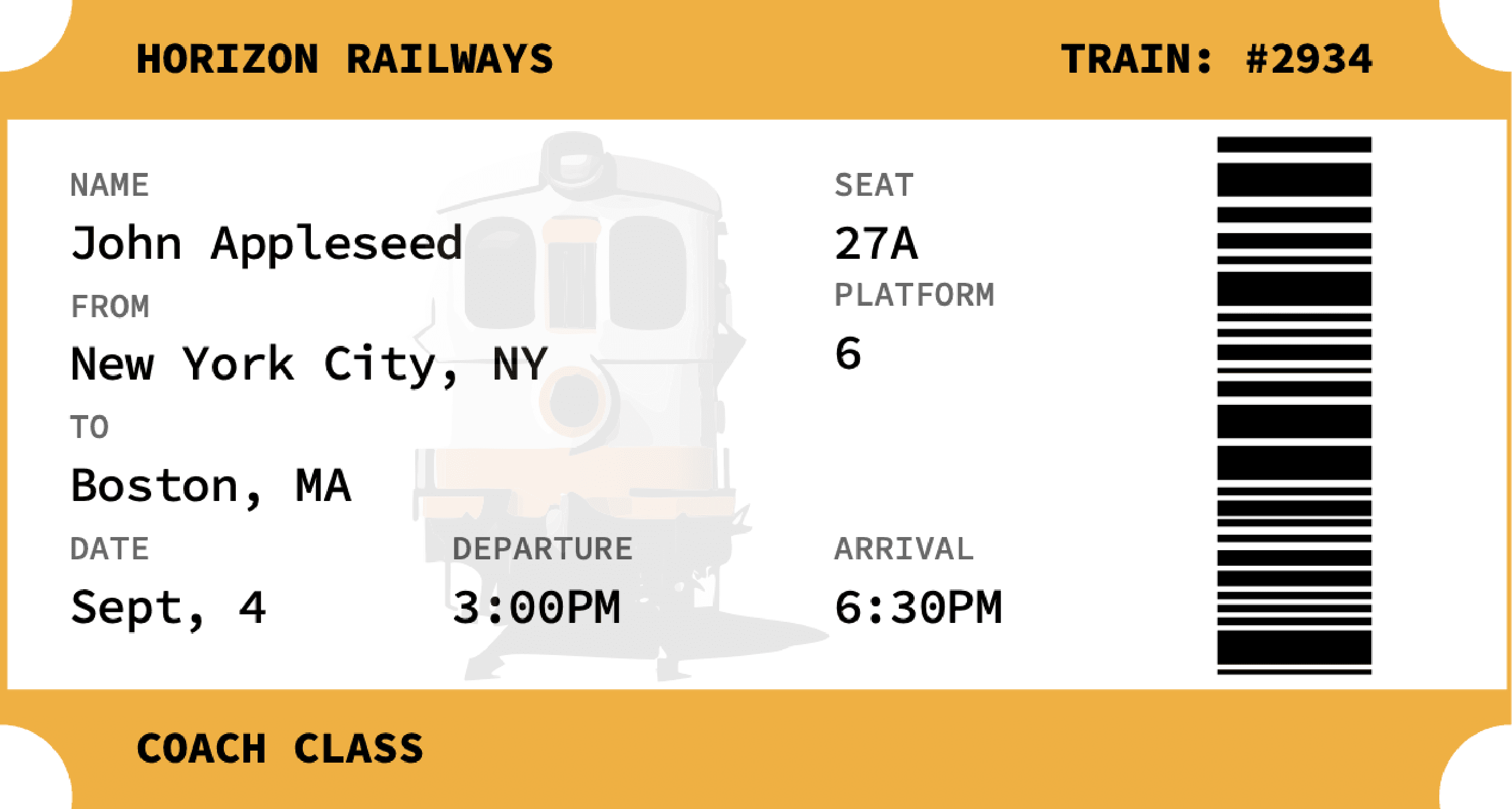 The original Horizon Railways paper ticket from the brief: it prints the passenger name, route, date, times, platform, seat number 27A, and a barcode, but no seat map