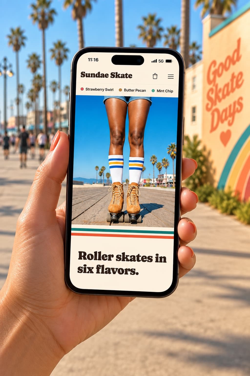 A hand holding a phone on the Venice boardwalk, showing the Sundae Skate mobile site with a pair of tan roller skates centered on the product page
