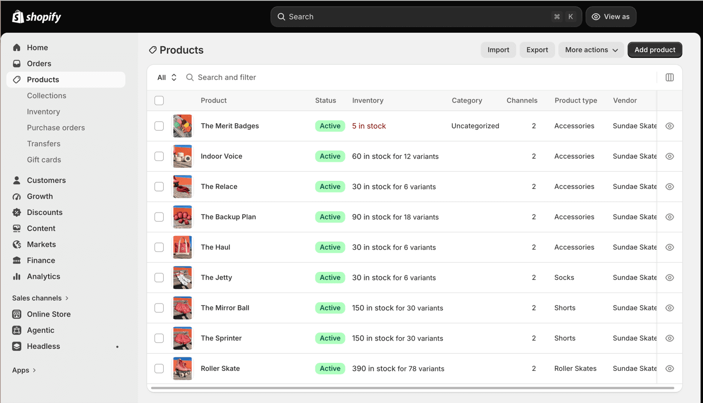 The Shopify products list for Sundae Skate, showing nine products including roller skates, socks, shorts, and accessories, each with its stock count and number of variants