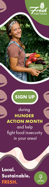 The Fresh Fare Farms 160×600 skyscraper banner: a Sign Up button, Hunger Action Month, and the Local. Sustainable. FRESH. tagline