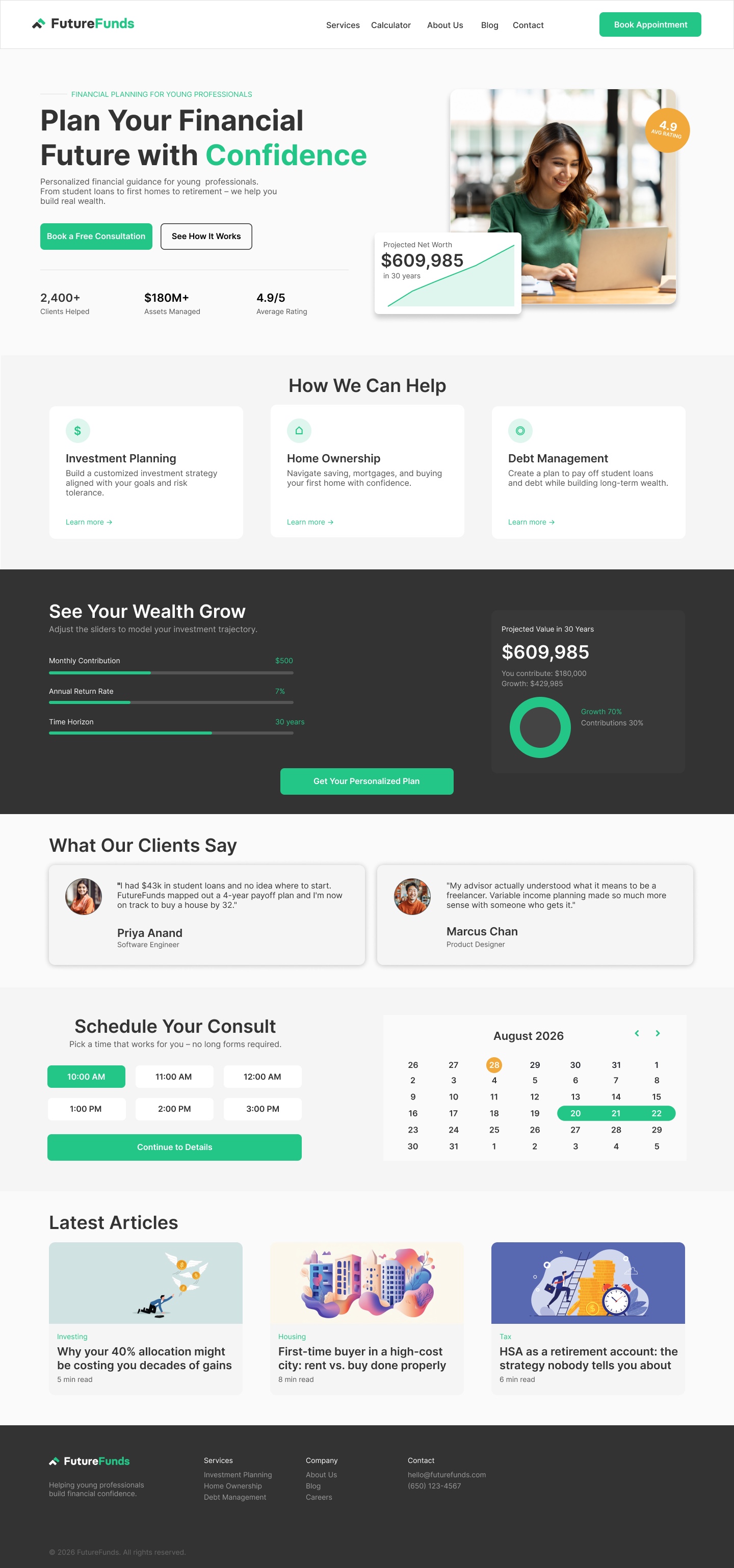 The redesigned FutureFunds landing page, Figma mockup: it opens by introducing the company, then what they offer, client proof, and the scheduler last
